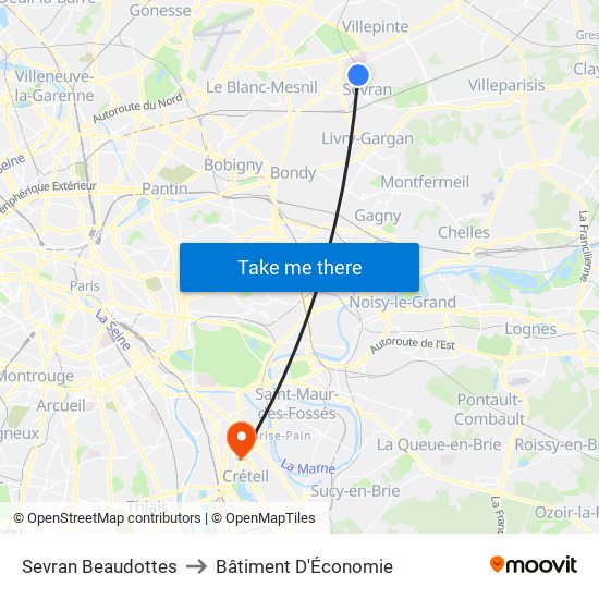 Sevran Beaudottes to Bâtiment D'Économie map