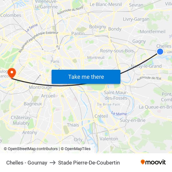Chelles - Gournay to Stade Pierre-De-Coubertin map
