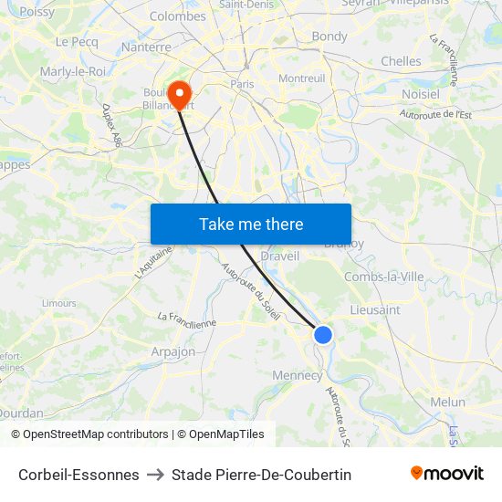 Corbeil-Essonnes to Stade Pierre-De-Coubertin map