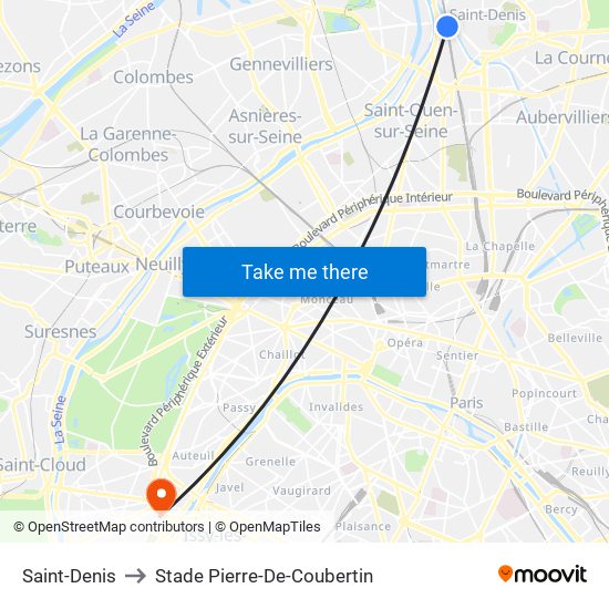 Saint-Denis to Stade Pierre-De-Coubertin map