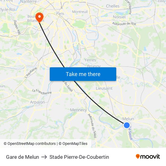 Gare de Melun to Stade Pierre-De-Coubertin map