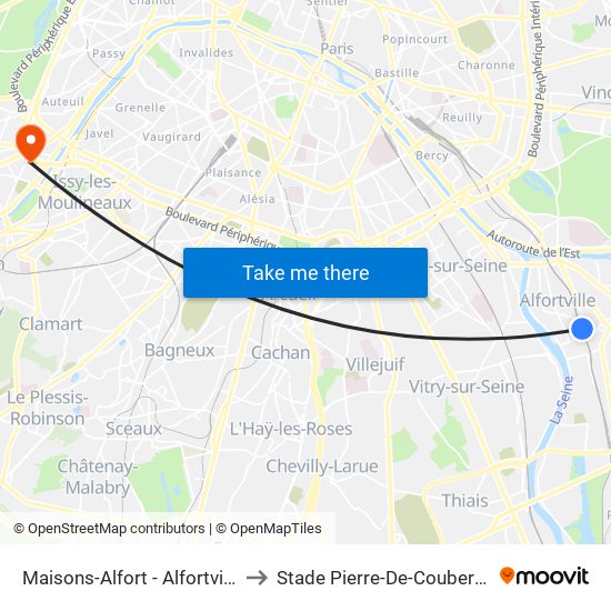 Maisons-Alfort - Alfortville to Stade Pierre-De-Coubertin map