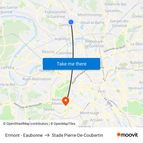 Ermont - Eaubonne to Stade Pierre-De-Coubertin map