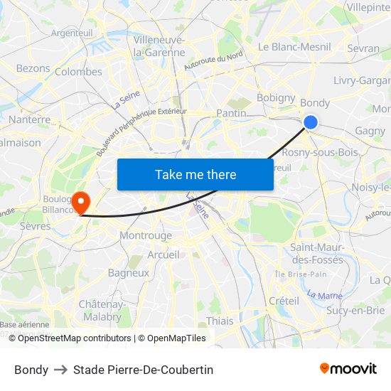 Bondy to Stade Pierre-De-Coubertin map