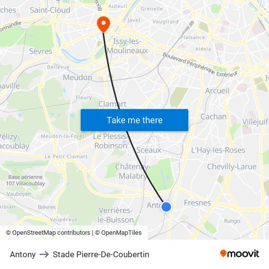 Antony to Stade Pierre-De-Coubertin map