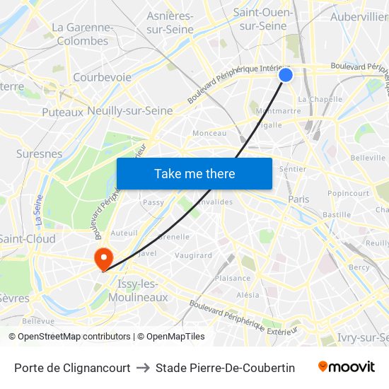 Porte de Clignancourt to Stade Pierre-De-Coubertin map