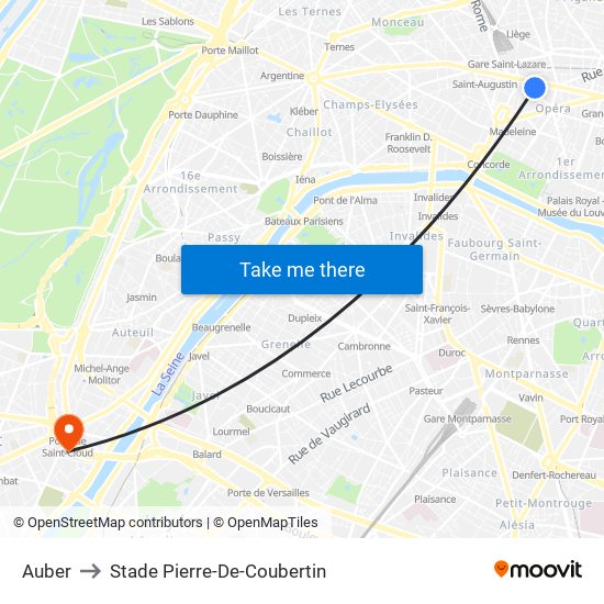 Auber to Stade Pierre-De-Coubertin map