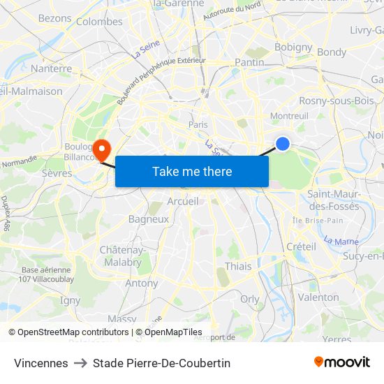 Vincennes to Stade Pierre-De-Coubertin map