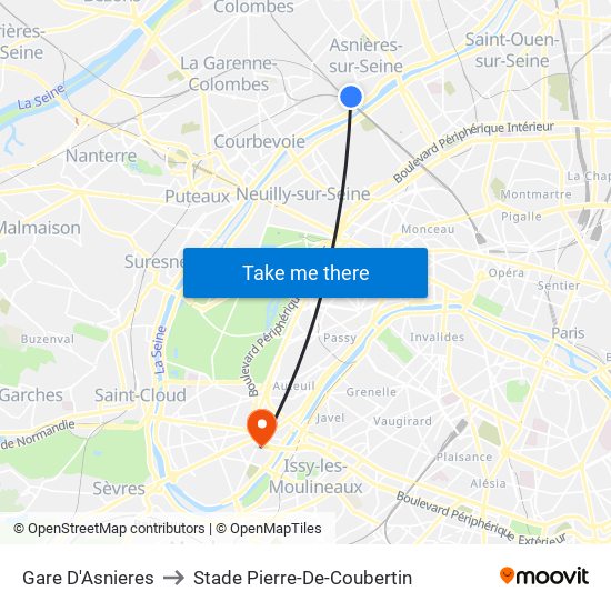 Gare D'Asnieres to Stade Pierre-De-Coubertin map