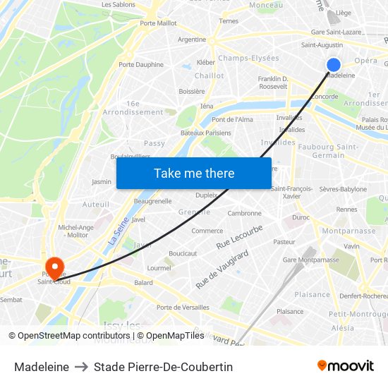 Madeleine to Stade Pierre-De-Coubertin map