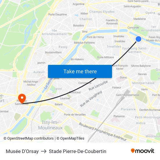 Musée D'Orsay to Stade Pierre-De-Coubertin map