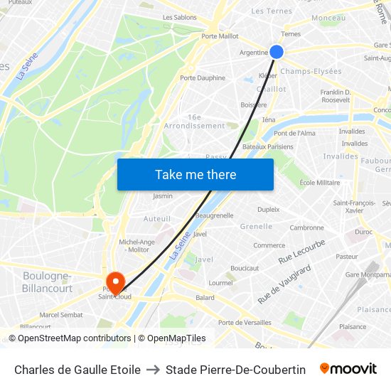 Charles de Gaulle Etoile to Stade Pierre-De-Coubertin map