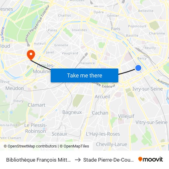 Bibliothèque François Mitterrand to Stade Pierre-De-Coubertin map