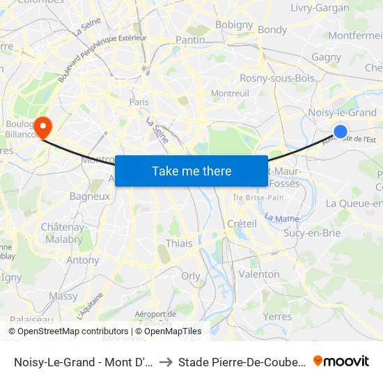 Noisy-Le-Grand - Mont D'Est to Stade Pierre-De-Coubertin map