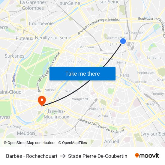 Barbès - Rochechouart to Stade Pierre-De-Coubertin map