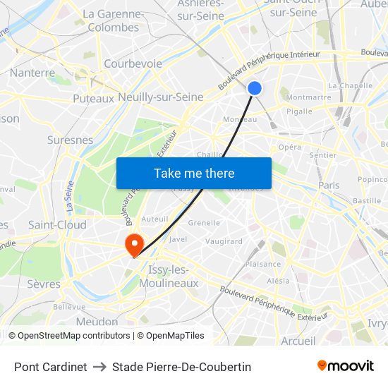 Pont Cardinet to Stade Pierre-De-Coubertin map