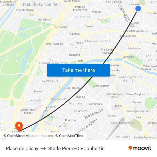 Place de Clichy to Stade Pierre-De-Coubertin map