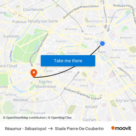 Réaumur - Sébastopol to Stade Pierre-De-Coubertin map