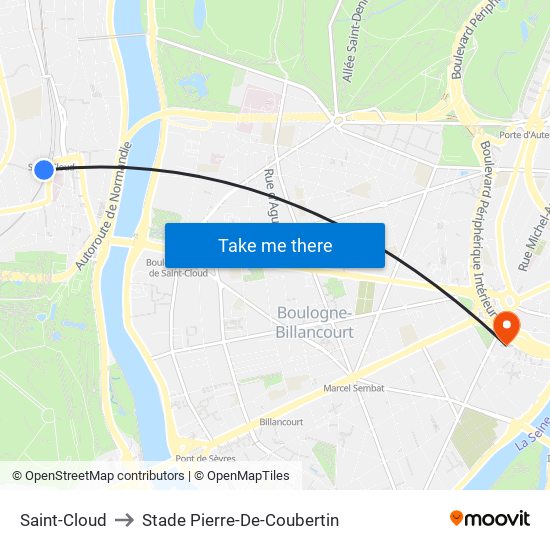 Saint-Cloud to Stade Pierre-De-Coubertin map