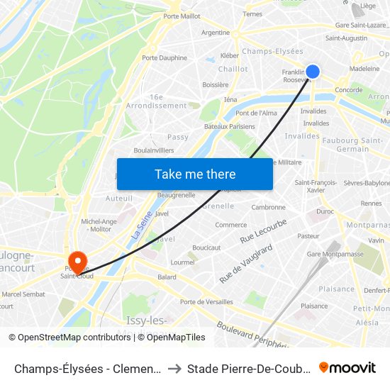 Champs-Élysées - Clemenceau to Stade Pierre-De-Coubertin map