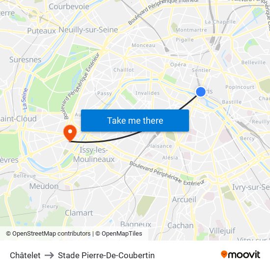 Châtelet to Stade Pierre-De-Coubertin map