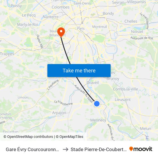 Gare Évry Courcouronnes to Stade Pierre-De-Coubertin map