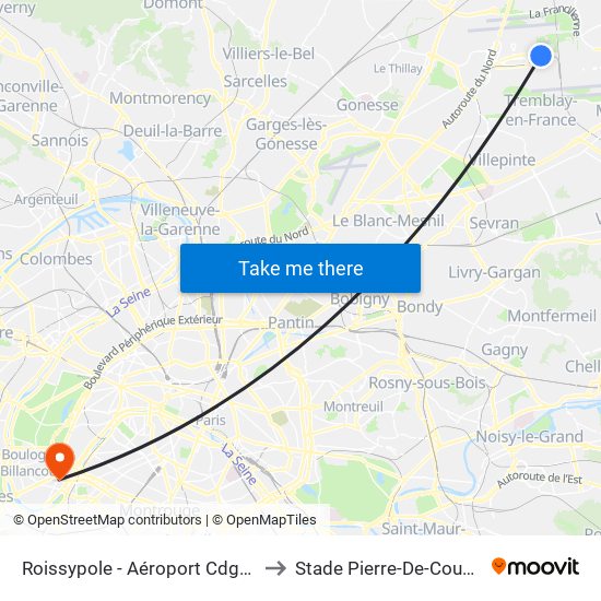 Roissypole - Aéroport Cdg1 (D3) to Stade Pierre-De-Coubertin map