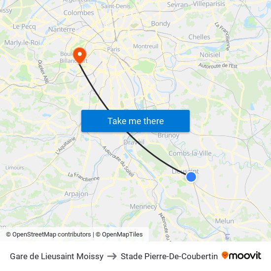 Gare de Lieusaint Moissy to Stade Pierre-De-Coubertin map