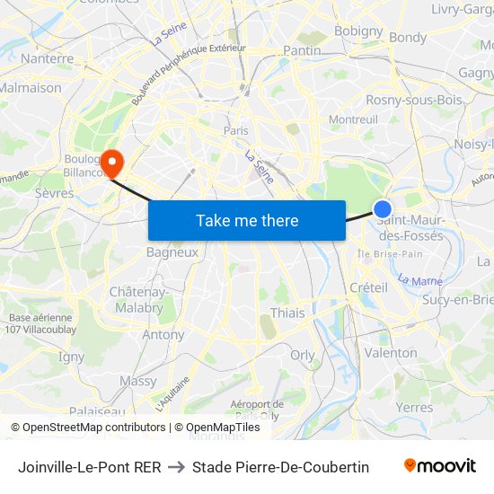 Joinville-Le-Pont RER to Stade Pierre-De-Coubertin map