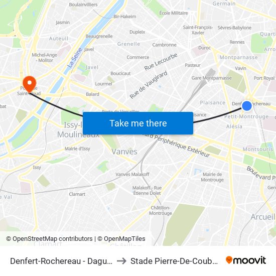 Denfert-Rochereau - Daguerre to Stade Pierre-De-Coubertin map