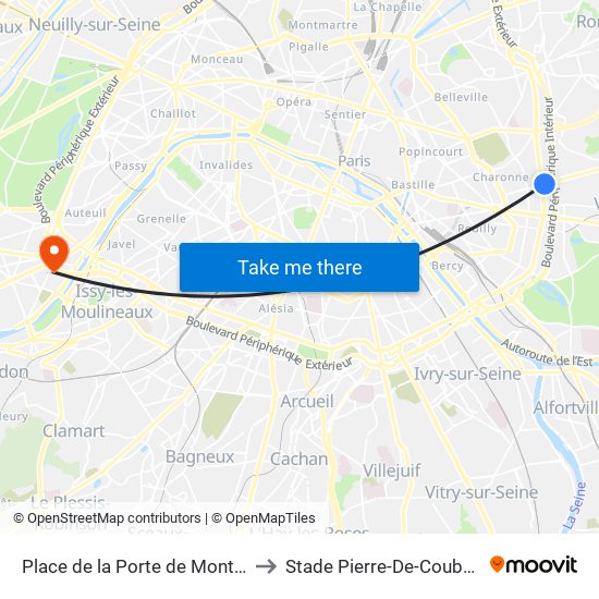 Place de la Porte de Montreuil to Stade Pierre-De-Coubertin map