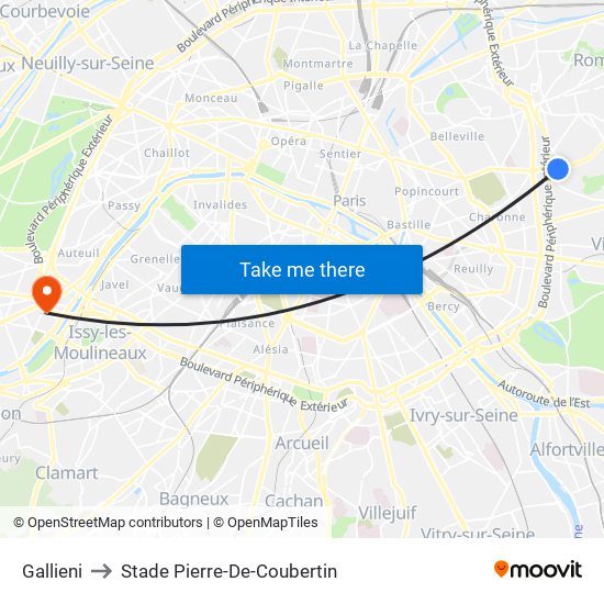 Gallieni to Stade Pierre-De-Coubertin map
