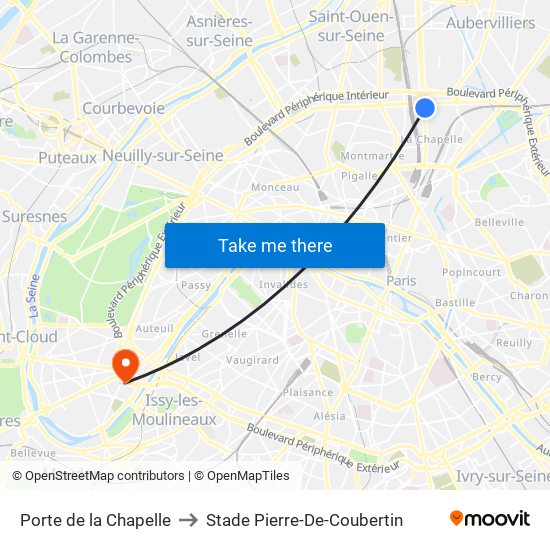 Porte de la Chapelle to Stade Pierre-De-Coubertin map