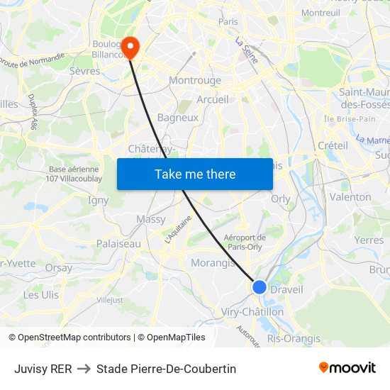 Juvisy RER to Stade Pierre-De-Coubertin map