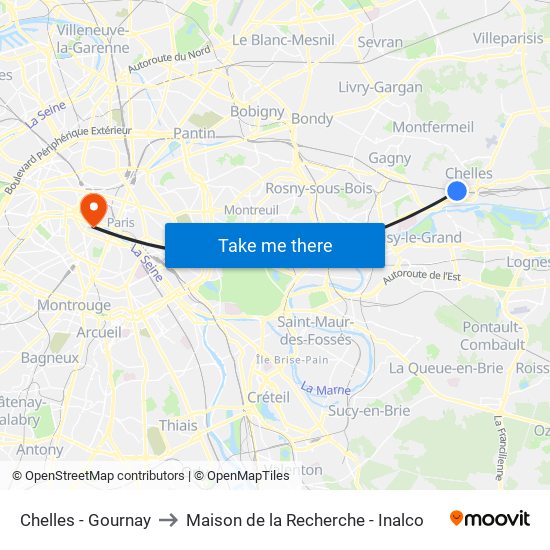 Chelles - Gournay to Maison de la Recherche - Inalco map