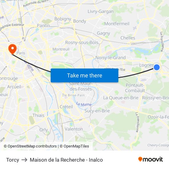 Torcy to Maison de la Recherche - Inalco map
