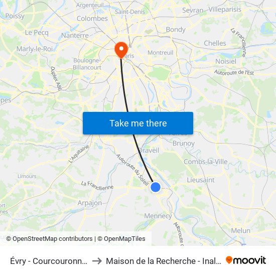 Évry - Courcouronnes to Maison de la Recherche - Inalco map