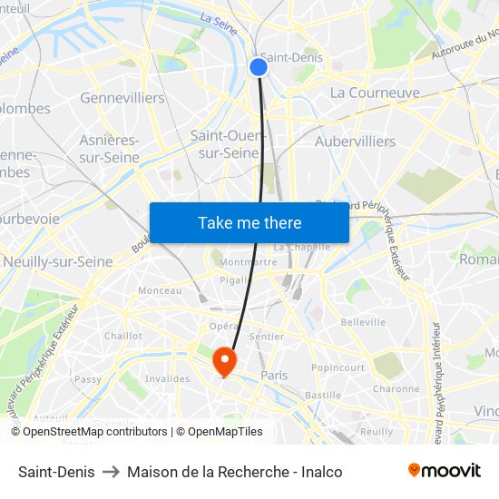 Saint-Denis to Maison de la Recherche - Inalco map