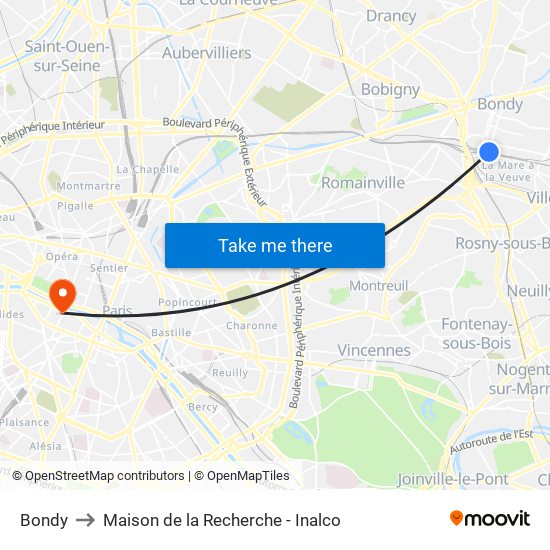 Bondy to Maison de la Recherche - Inalco map