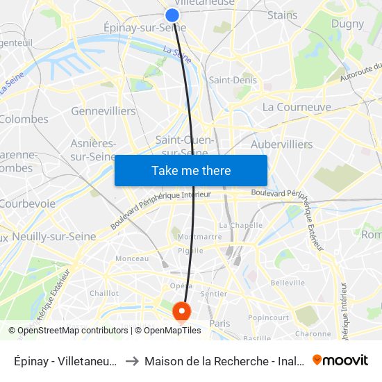 Épinay - Villetaneuse to Maison de la Recherche - Inalco map
