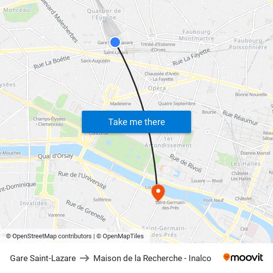 Gare Saint-Lazare to Maison de la Recherche - Inalco map