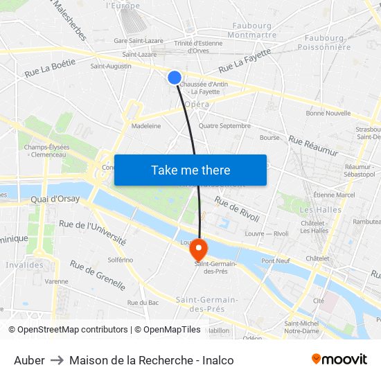Auber to Maison de la Recherche - Inalco map