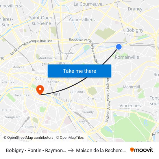 Bobigny - Pantin - Raymond Queneau to Maison de la Recherche - Inalco map