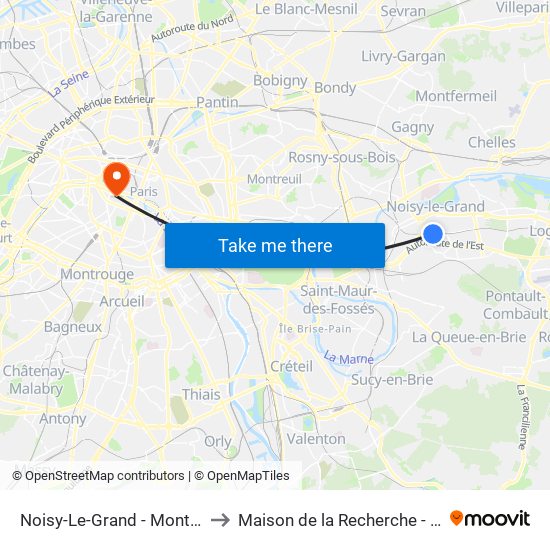 Noisy-Le-Grand - Mont D'Est to Maison de la Recherche - Inalco map