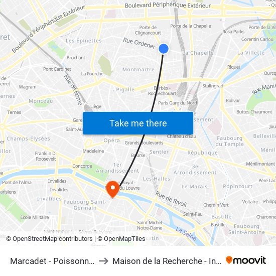 Marcadet - Poissonniers to Maison de la Recherche - Inalco map