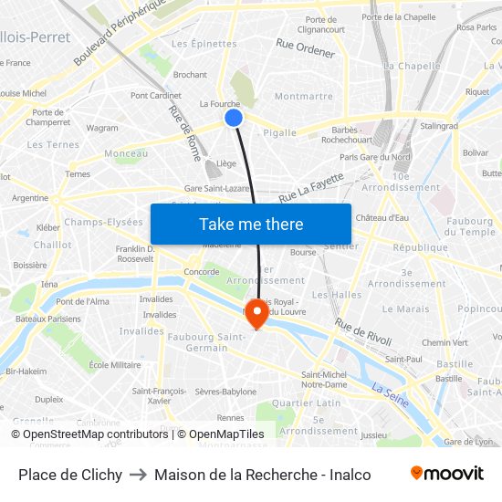 Place de Clichy to Maison de la Recherche - Inalco map