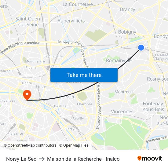 Noisy-Le-Sec to Maison de la Recherche - Inalco map