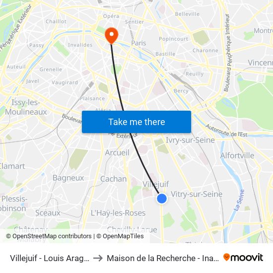 Villejuif - Louis Aragon to Maison de la Recherche - Inalco map