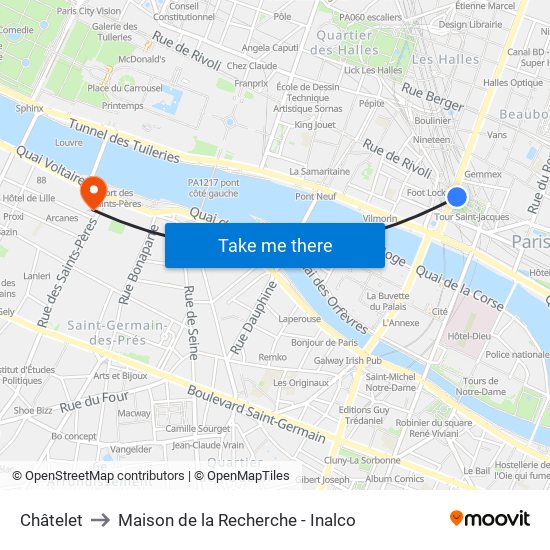 Châtelet to Maison de la Recherche - Inalco map