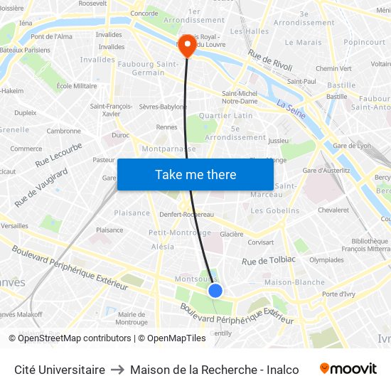 Cité Universitaire to Maison de la Recherche - Inalco map